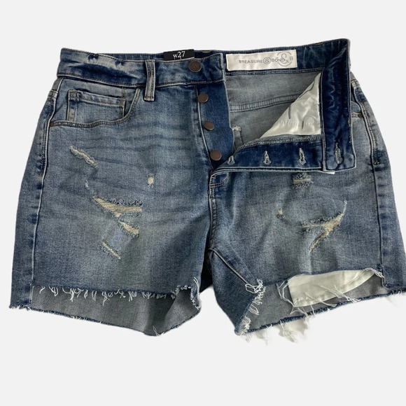 Treasure & Bond Foster Boyfriend High Rise Denim Shorts Blue Size 27 NWT Buttons - Picture 3 of 11